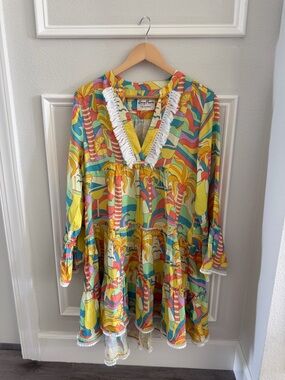 Multicolor Womens V-Neck Tiered Dress with Fringe